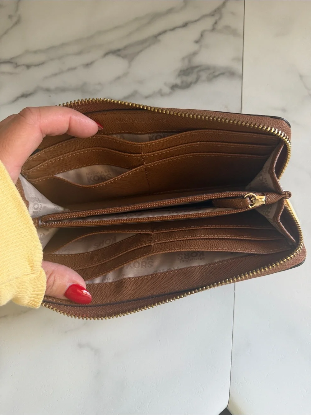 Michael Kors Brown Saffiano Zip Around Wallet with Gold Logo